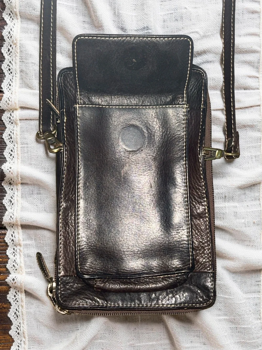Derek Alexander Crossbody Handbag Dk Brown Leather Top Zip Organizer